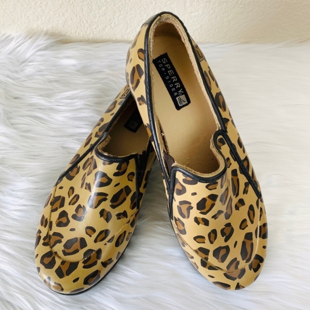 {Sperry} Topsider Leopard Print Rubber Rain Shoes